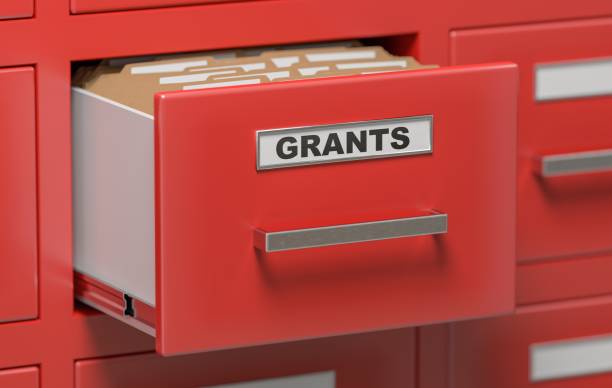 istock Grants folders and files in cabinet in office. 3D rendered illustration. 676695734