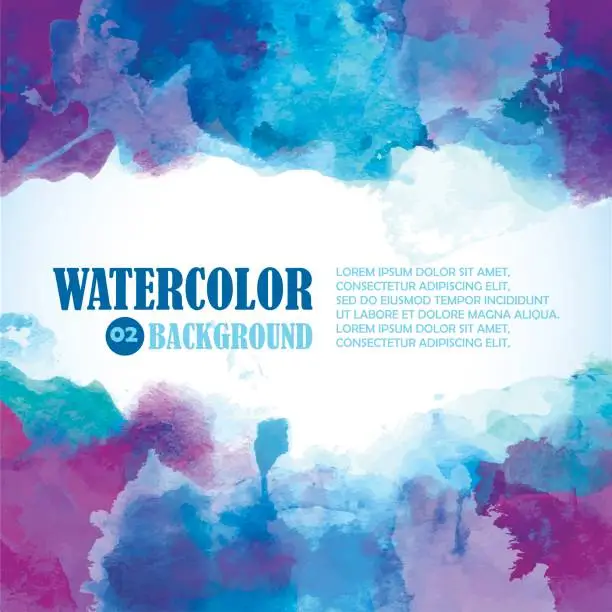 Vector illustration of Winter Watercolor Background with Artistic splashes and place for text. Blue, violet, indigo, purple colors.