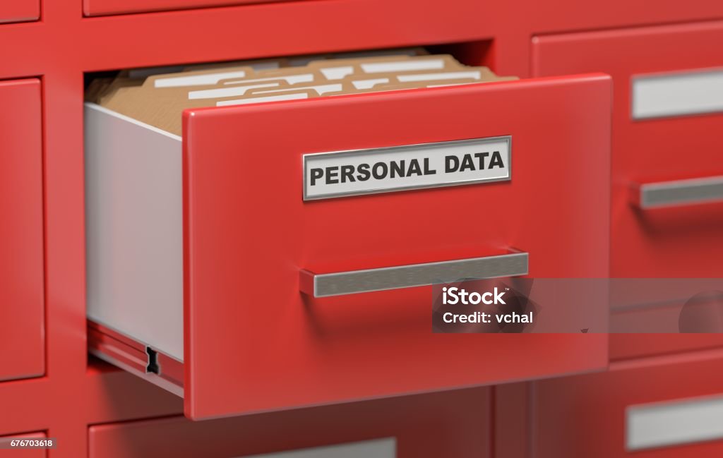 Personal data protection concept. Cabinet full of files and folders. 3D rendered illustration. Privacy stock illustration