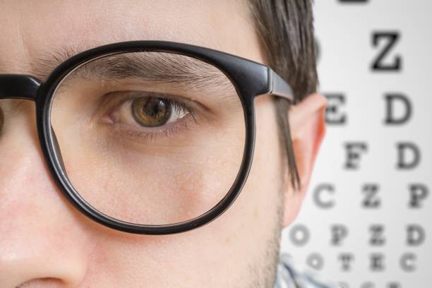 istock Man with glasses is testing his sight. Closeup view on eye. 676706198