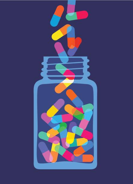 illustrazioni stock, clip art, cartoni animati e icone di tendenza di pillole e capsule jar - drug abuse narcotic medicine protection