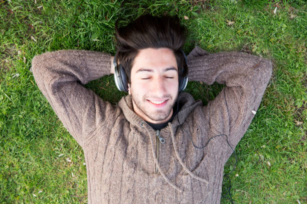 istock Happy Young man listenning music on the grass 676746522