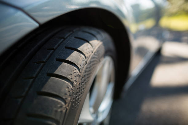 Close up of car wheel on road