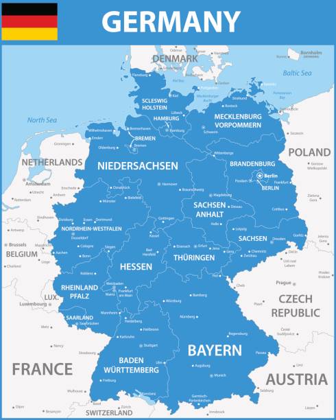 ilustraciones, imágenes clip art, dibujos animados e iconos de stock de el mapa detallado de alemania con regiones o estados, ciudades y capitales. - nordrhein westfalen flag