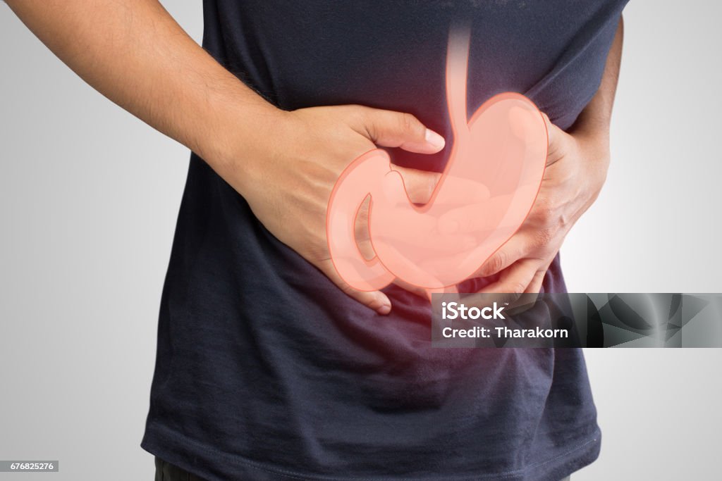 Human gastritis, Men stomach problem concept Gastric Ulcer Stock Photo