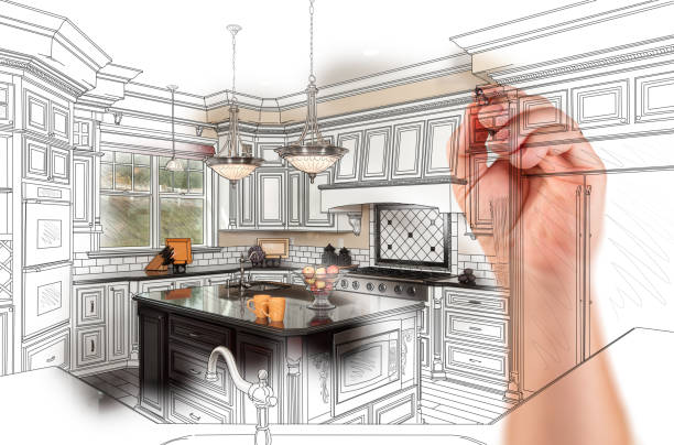 istock Hand Drawing Custom Kitchen Design With Gradation Revealing Photograph. 676835728