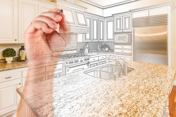 istock Hand Drawing Custom Kitchen Design With Gradation Revealing Photograph. 676838118