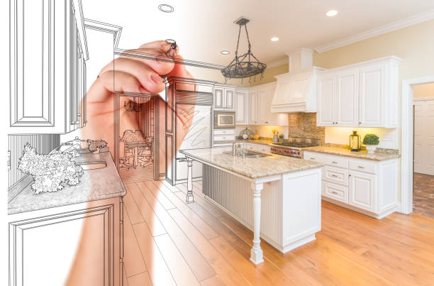 istock Hand Drawing Custom Kitchen Design With Gradation Revealing Photograph. 676838188