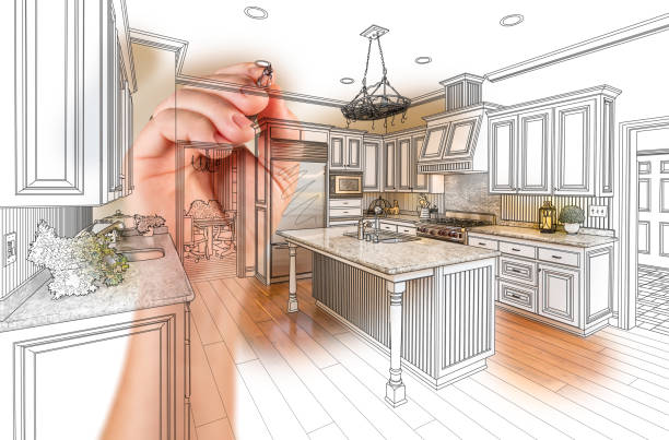 istock Hand Drawing Custom Kitchen Design With Gradation Revealing Photograph. 676838258