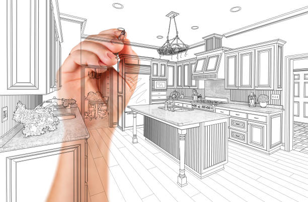 istock Hand of Architect Drawing Detail of Custom Kitchen Design 676838314