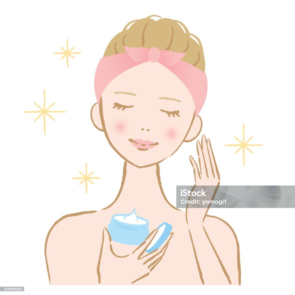 woman applying cosmetic cream woman holding a bottle of face cream and applying on her face Face Cream stock vector