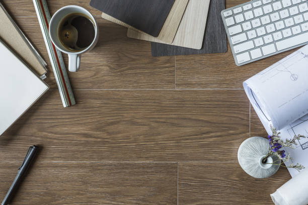 istock Top View of Designer Desktop, Architect Stuff on Wood Background 676967716