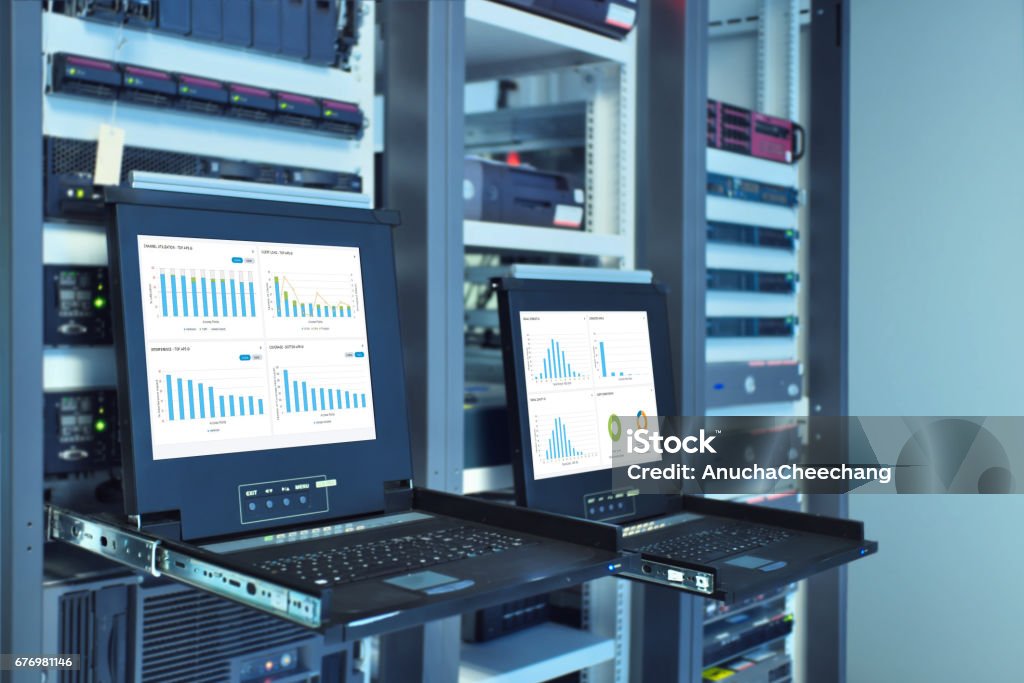 monitor show graph information of network traffic monitor show graph information of network traffic and wireless status of device in server room data center Network Server Stock Photo