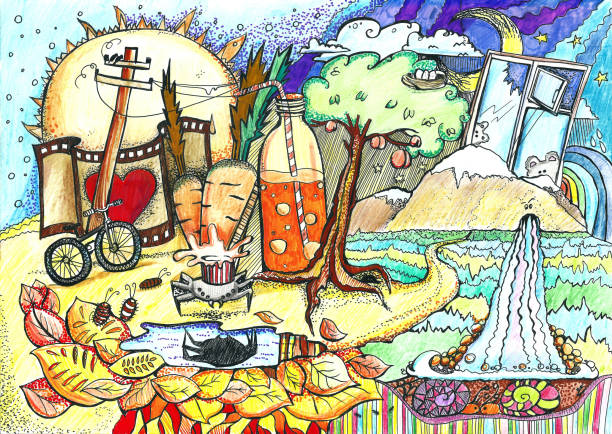 istock A surreal landscape with bright colors, with a large sun, peach tree, household items and animals 677025580