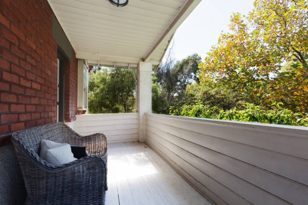 istock Spacious apartment balcony with view to the tree tops 677077928