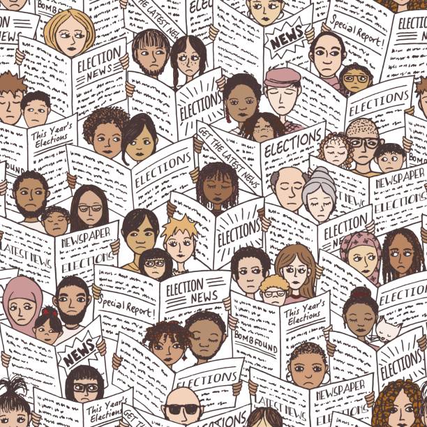 Election News! Seamless pattern Seamless pattern of diverse people with shocked and sad faces, reading newspapers about the elections populism stock illustrations