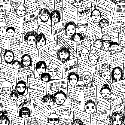 Seamless pattern of diverse people with shocked and sad faces, reading newspapers about the elections, black and white version