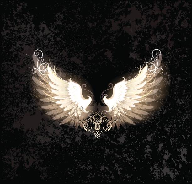 light wings glowing angel wings , decorated with a pattern on a dark textural background. ostrich feather stock illustrations