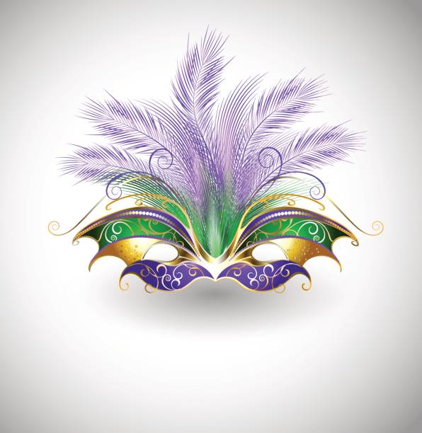 Mardi Gras mask bright mask with purple and green feathers, decorated with gold pattern on a light background ostrich feather stock illustrations