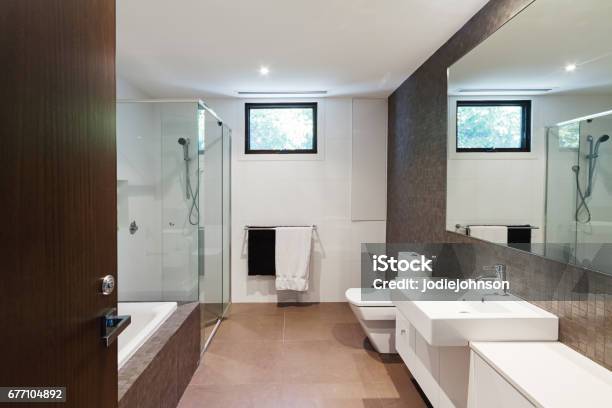 Contemporary Brown Natural Tones In A Family Bathroom Stock Photo - Download Image Now