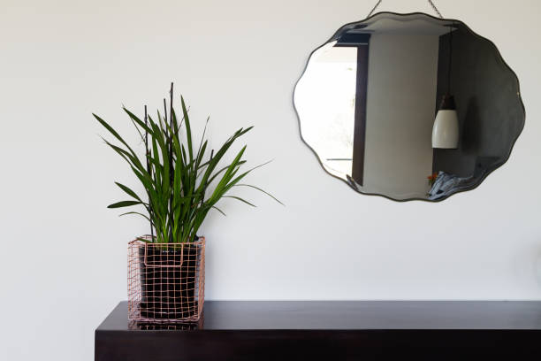 istock Home interior decor details copper wire basket and mirror 677106266