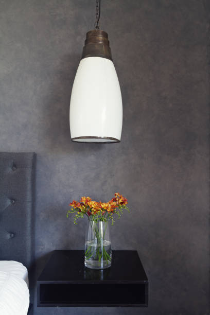 istock Close up of hanging pendant light and flowers on a bed side table 677106492