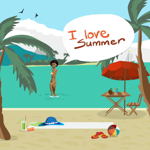 ilustraciones, imágenes clip art, dibujos animados e iconos de stock de playa de verano del paisaje de mar, palmera, sombrillas, sillón. - swimwear vector non urban scene text