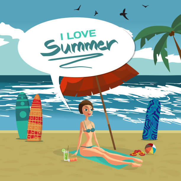 ilustrações, clipart, desenhos animados e ícones de mulher vestida de maiô verde está sentado na praia - swimwear vector non urban scene text