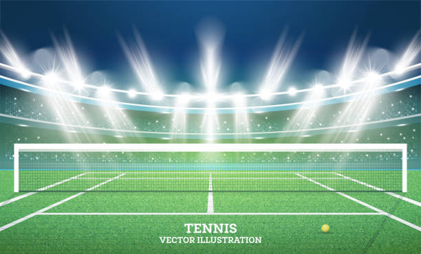 istock Tennis Court with Green Grass and Spotlights. 677107640
