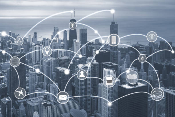 istock Chicago cityscape with techology icon and network connection concept 677115446