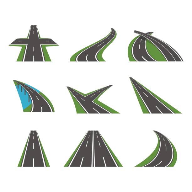 ilustraciones, imágenes clip art, dibujos animados e iconos de stock de dibujos animados perspectiva curva carretera iconos conjunto. vector de - carrera-de-motos-de-velocidad