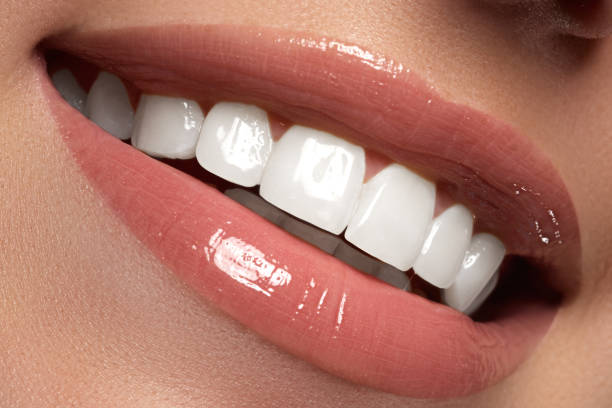 istock Macro happy woman's smile with healthy white teeth.Lips make-up 677169568