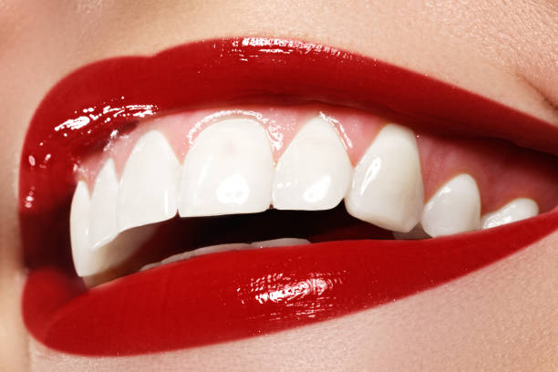 istock Macro happy woman's smile with healthy white teeth. Lip make-up 677169688