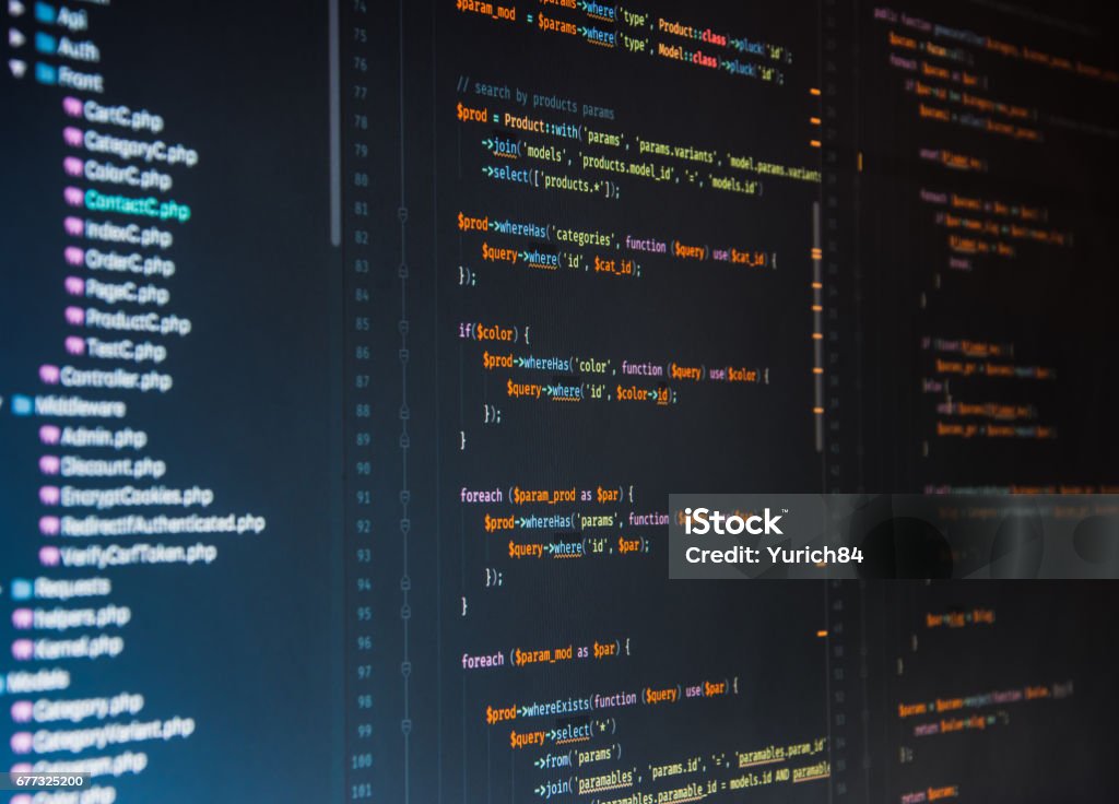 Php code on dark background in code editor Broadcast Programming Stock Photo