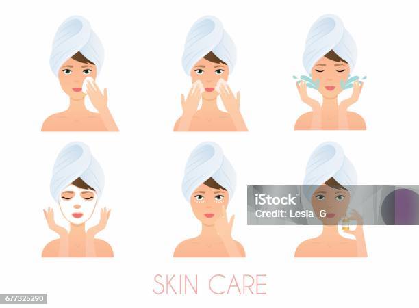 Face Care Routine Girl Cleaning And Care Her Face With Various Actions Set Skincare Vector Stock Illustration - Download Image Now