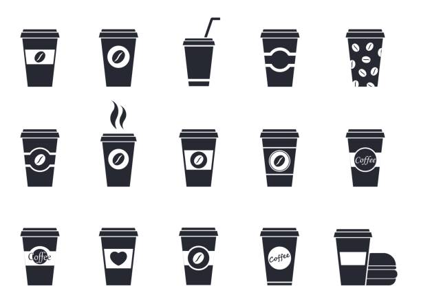 ilustrações de stock, clip art, desenhos animados e ícones de disposable coffee cup icons - starbucks take out food coffee disposable cup