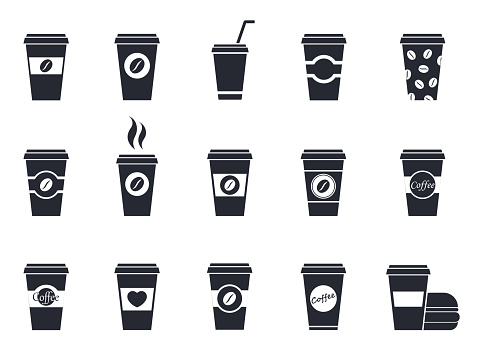 disposable cup of coffee, flat vector icons set