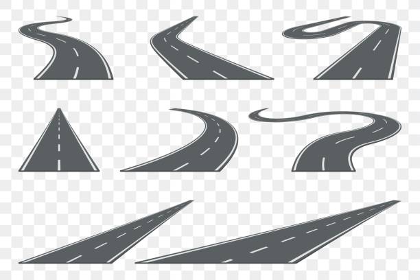 eğri asfalt yolun perspektif içinde ayarlayın. otoyol simgeler. - road stock illustrations