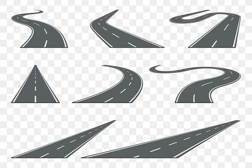 Set of curved asphalt road in perspective. Highway icons. Vector illustration.