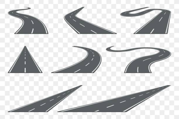 Set of curved asphalt road in perspective. Highway icons. Set of curved asphalt road in perspective. Highway icons. Vector illustration. Driveway stock illustrations