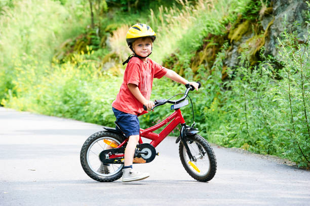 istock Young child boy riding bicycle on a summer day 677345546
