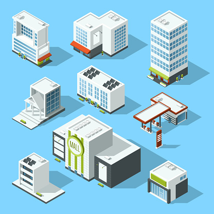 Vector isometric illustrations of hypermarket, bank and other service and municipal buildings. Isometric architecture hypermarket and bank, architecture element buildings