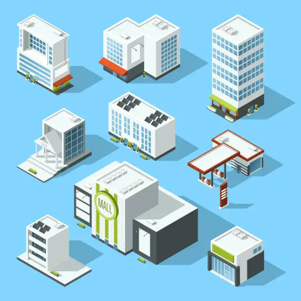 Vector illustration of Vector isometric illustrations of hypermarket, bank and other service and municipal buildings