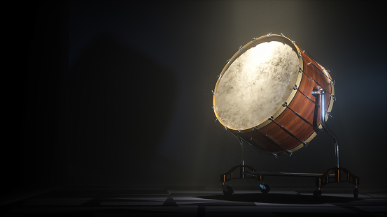 Orchestra Big drum on dark myst background. 3D illustration