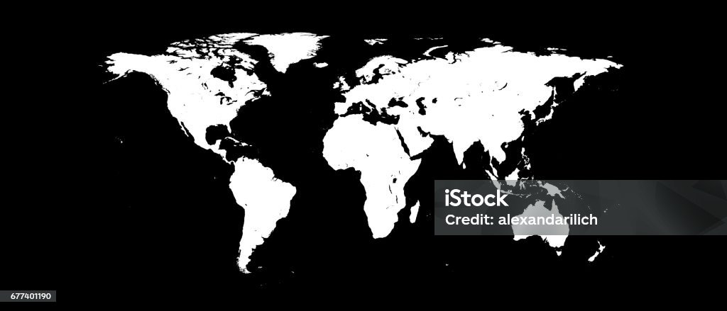World Map White Silhouette Isolated on Black Background 3D illustration Africa Stock Photo