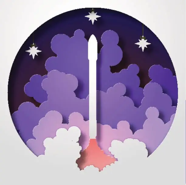 Vector illustration of Space Rocket startup. Paper cut style. Vector illustration