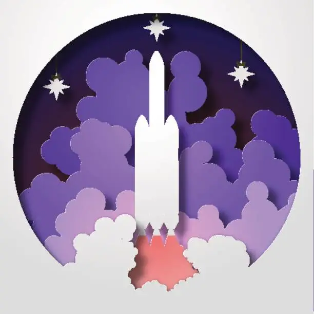 Vector illustration of Space Rocket startup. Paper cut style. Vector illustration