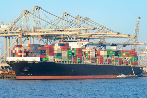istock Cargo container ship at a container terminal in Rotterdam port 677443668