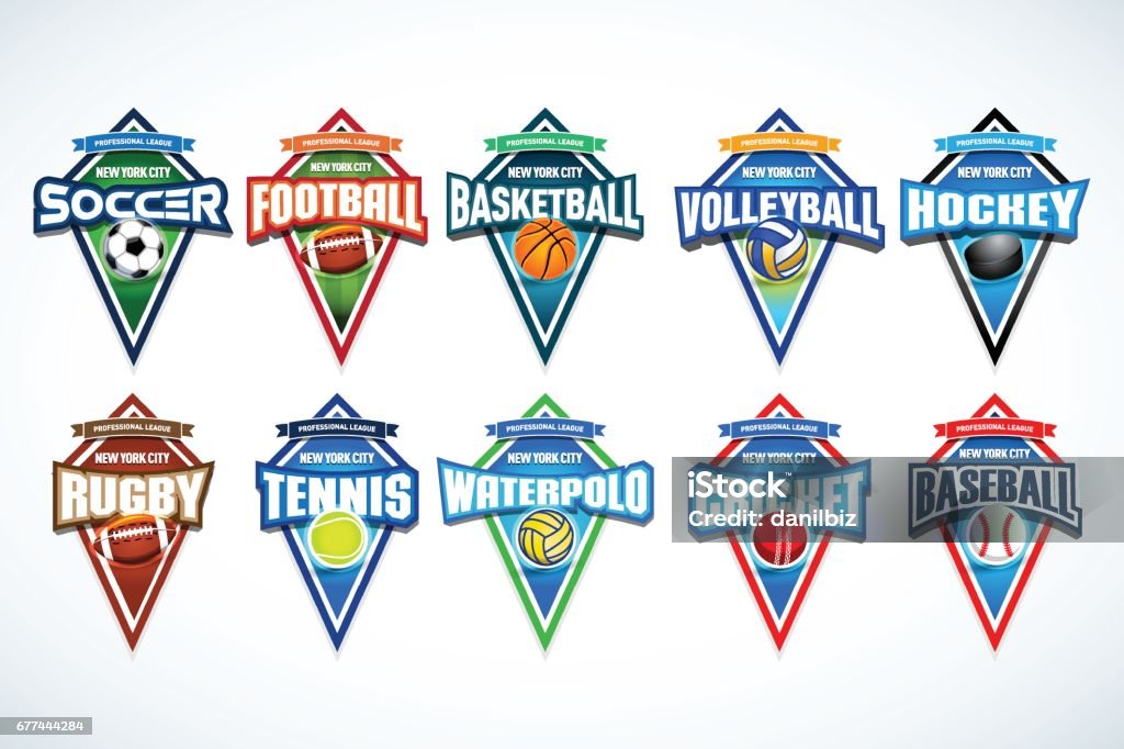 Mega set van kleurrijke sport emblemen voetbal, voetbal, basketbal, volleybal, hockey, rugby, tennis, waterpolo, cricket, honkbal. - Royalty-free Logo vectorkunst