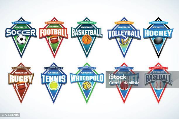 Mega Set Van Kleurrijke Sport Emblemen Voetbal Voetbal Basketbal Volleybal Hockey Rugby Tennis Waterpolo Cricket Honkbal Stockvectorkunst en meer beelden van Logo